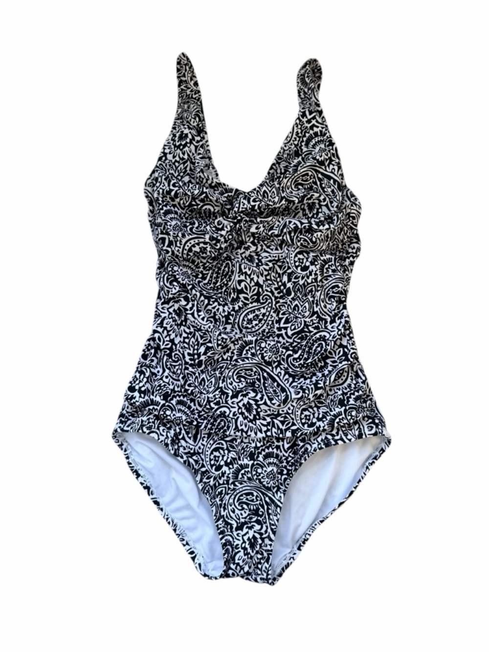 Lands’ End XS Black White Paisley Tummy Control One Piece Swimsuit
